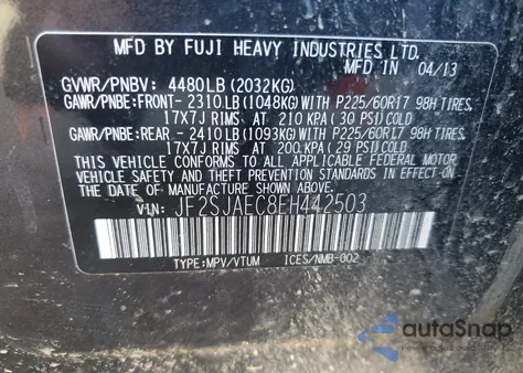 2014 Subaru Forester 2.5I Premium from USA, damaged, VIN JF2SJAEC8EH442503